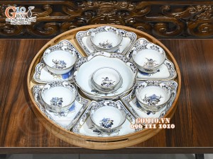 Bộ hoa mặt trời men lam cổ Sen Cát Tường, vẽ vàng 24k, 45cm