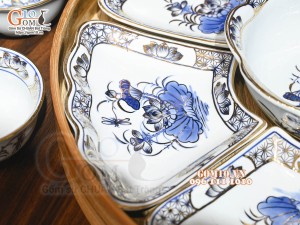 Bộ hoa mặt trời men lam cổ Sen Cát Tường, vẽ vàng 24k, 45cm