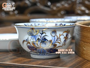 Bộ hoa mặt trời men lam cổ Sen Cát Tường, vẽ vàng 24k, 45cm