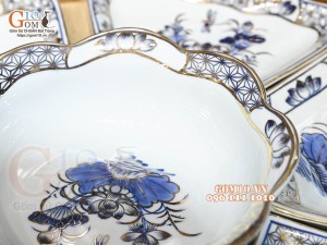 Bộ hoa mặt trời men lam cổ Sen Cát Tường, vẽ vàng 24k, 45cm