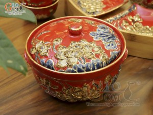 Bộ hoa mặt trời men màu đỏ đắp nổi hoa Sen vẽ vàng 24k