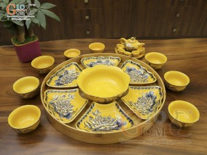 Bộ hoa mặt trời men màu vàng đắp nổi hoa Sen vẽ vàng 24k