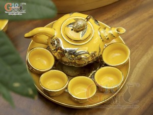 Bộ hoa mặt trời men màu vàng đắp nổi hoa Sen vẽ vàng 24k