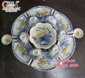 Bộ bát đĩa Hoa Mặt Trời men rạn đắp nổi Sen Đại Cát, đường kính 50cm