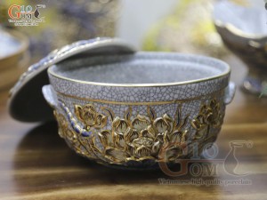 Bộ hoa mặt trời men rạn đắp nổi hoa Sen vẽ vàng 24k