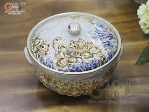 Bộ hoa mặt trời men rạn đắp nổi hoa Sen vẽ vàng 24k