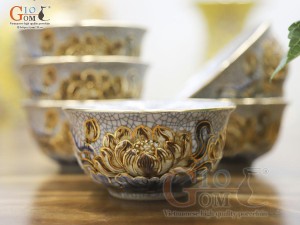 Bộ hoa mặt trời men rạn đắp nổi hoa Sen vẽ vàng 24k