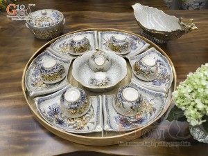 Bộ hoa mặt trời men rạn đắp nổi hoa Sen vẽ vàng 24k