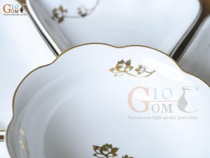 Bộ hoa mặt trời men trắng hoa sen kẻ chỉ viền vàng kim, 15 chi tiết đường kính 55cm
