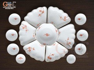 Bộ hoa mặt trời men trắng vẽ hoa Đào đỏ 45cm,15 chi tiết