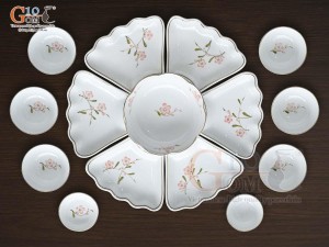 Bộ hoa mặt trời men trắng vẽ hoa Đào hồng 45cm,15 chi tiết