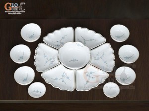 Bộ hoa mặt trời men trắng vẽ hoa Đào xanh 45cm,15 chi tiết