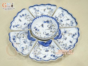 Bộ hoa mặt trời men trắng vẽ hoa sen tràm cổ, vẽ vàng 24k- đường kính 55cm, 7 chi tiết