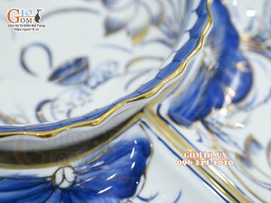 Bộ hoa mặt trời men trắng vẽ hoa sen tràm cổ, vẽ vàng 24k- đường kính 55cm, 7 chi tiết