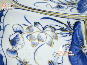 Bộ hoa mặt trời men trắng vẽ hoa sen tràm cổ, vẽ vàng 24k- đường kính 55cm, 7 chi tiết