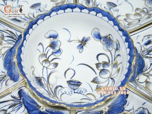 Bộ hoa mặt trời men trắng vẽ hoa sen tràm cổ, vẽ vàng 24k- đường kính 55cm, 7 chi tiết