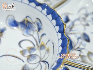 Bộ hoa mặt trời men trắng vẽ hoa sen tràm cổ, vẽ vàng 24k- đường kính 55cm, 7 chi tiết