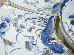 Bộ hoa mặt trời men trắng vẽ hoa sen tràm cổ, vẽ vàng 24k- đường kính 55cm, 7 chi tiết