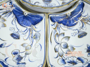 Bộ hoa mặt trời men trắng vẽ hoa sen tràm cổ, vẽ vàng 24k- đường kính 55cm, 7 chi tiết