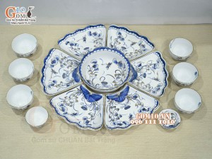 Bộ hoa mặt trời men trắng vẽ hoa sen tràm cổ, vẽ vàng 24k, đường kính 55cm, 15 chi tiết