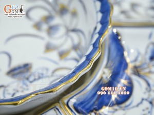 Bộ hoa mặt trời men trắng vẽ hoa sen tràm cổ, vẽ vàng 24k, đường kính 55cm, 15 chi tiết