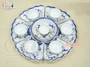 Bộ hoa mặt trời men trắng vẽ hoa sen tràm cổ, vẽ vàng 24k, đường kính 55cm, 15 chi tiết