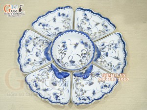 Bộ hoa mặt trời men trắng vẽ hoa sen tràm cổ, vẽ vàng 24k- đường kính 55cm, 7 chi tiết