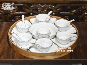 Bộ hoa mặt trời men trắng kẻ chỉ vàng kim, đường kính 45cm