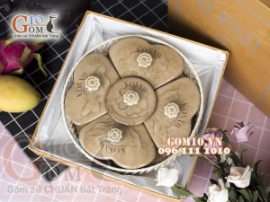 Bộ khay mứt men màu 5 cánh tim khay tròn - in logo