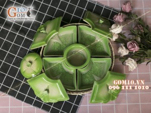 Bộ khay mứt tết 4 cánh, men thủy tinh xanh