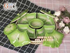 Bộ khay mứt tết 4 cánh, men thủy tinh xanh