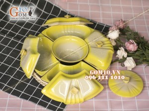Bộ khay mứt tết 4 cánh to, men thủy tinh vàng