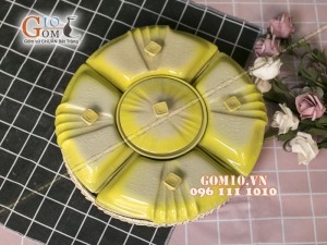 Bộ khay mứt tết 4 cánh to, men thủy tinh vàng