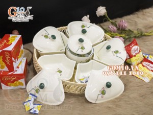 Bộ khay mứt Tết 5 cánh men kem vẽ Đài sen - khay mây