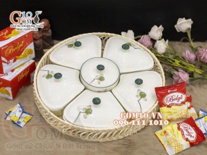 Bộ khay mứt Tết 5 cánh men kem vẽ Đài sen - khay mây