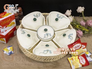 Bộ khay mứt Tết 5 cánh men kem vẽ Sen xanh - khay mây