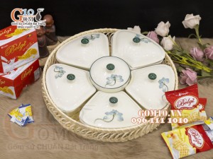 Bộ khay mứt Tết 5 cánh men kem vẽ Sen xanh - khay mây