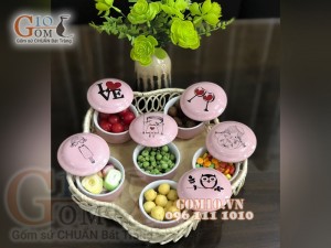 Bộ khay mứt tết 6 hũ gốm - Màu hồng