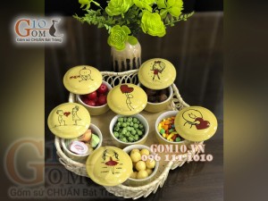 Bộ khay mứt tết 6 hũ gốm - Màu vàng