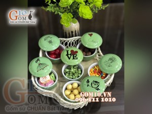 Bộ khay mứt tết 6 hũ gốm - Màu xanh mint