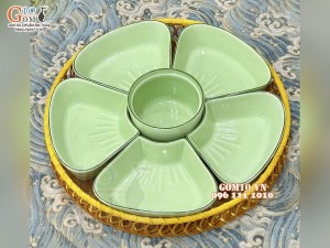 Bộ khay sứ 5 cánh hoa men ngọc trơn cao cấp, khay mây