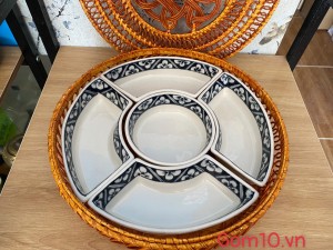 Bộ khay sứ đựng thức ăn men tràm cổ vẽ viền hoa