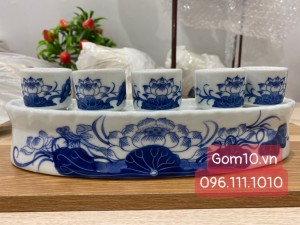 Kỷ cong 5 chén men lam vẽ Sen Đại Cát