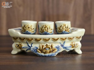Bộ kỷ ngai 3 chén men hoàng tộc đắp nổi hoa sen Phú Quý