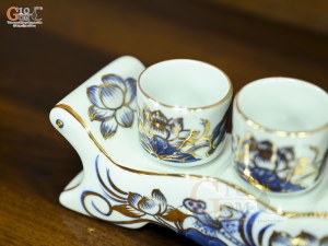 Bộ kỷ ngai 5 chén men lam vẽ Sen Đại Cát vẽ vàng