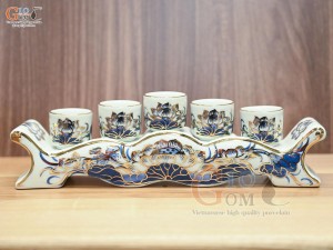 Bộ kỷ ngai 5 chén men lam vẽ Sen Đại Cát, vẽ vàng 24k