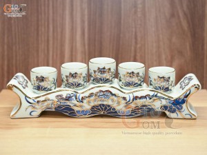 Bộ kỷ ngai 5 chén men lam vẽ Sen Đại Cát, vẽ vàng 24k