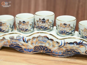 Bộ kỷ ngai 5 chén men lam vẽ Sen Đại Cát, vẽ vàng 24k