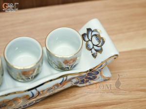 Bộ kỷ ngai 5 chén men lam vẽ Sen Đại Cát, vẽ vàng 24k