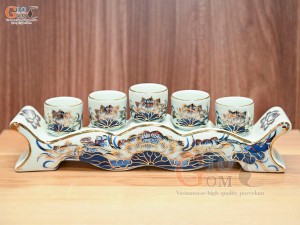 Bộ kỷ ngai 5 chén men lam vẽ Sen Đại Cát, vẽ vàng 24k